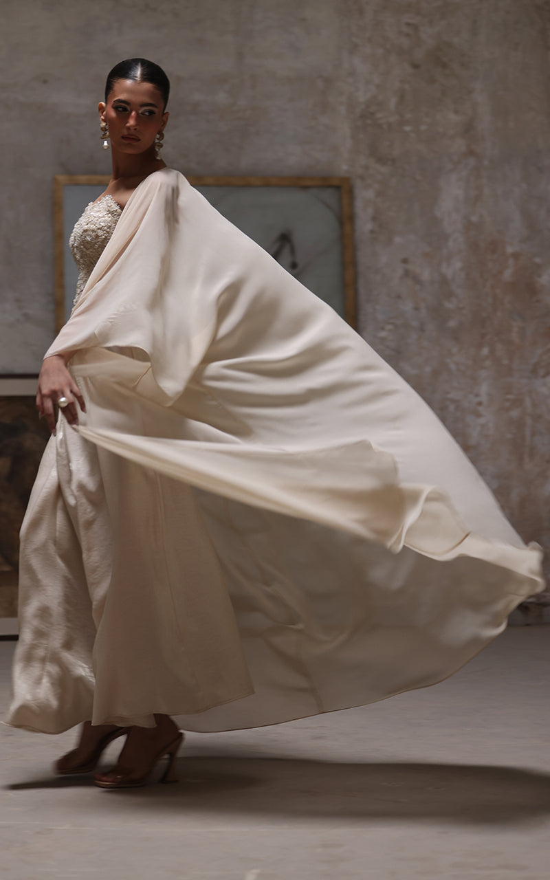 Threads and Motifs | Formal Dresses 25 | Net Embroidered Blouse With Chiffon Cape And Skirt - Official Threads and Motifs stockist in UK - Sakeena London