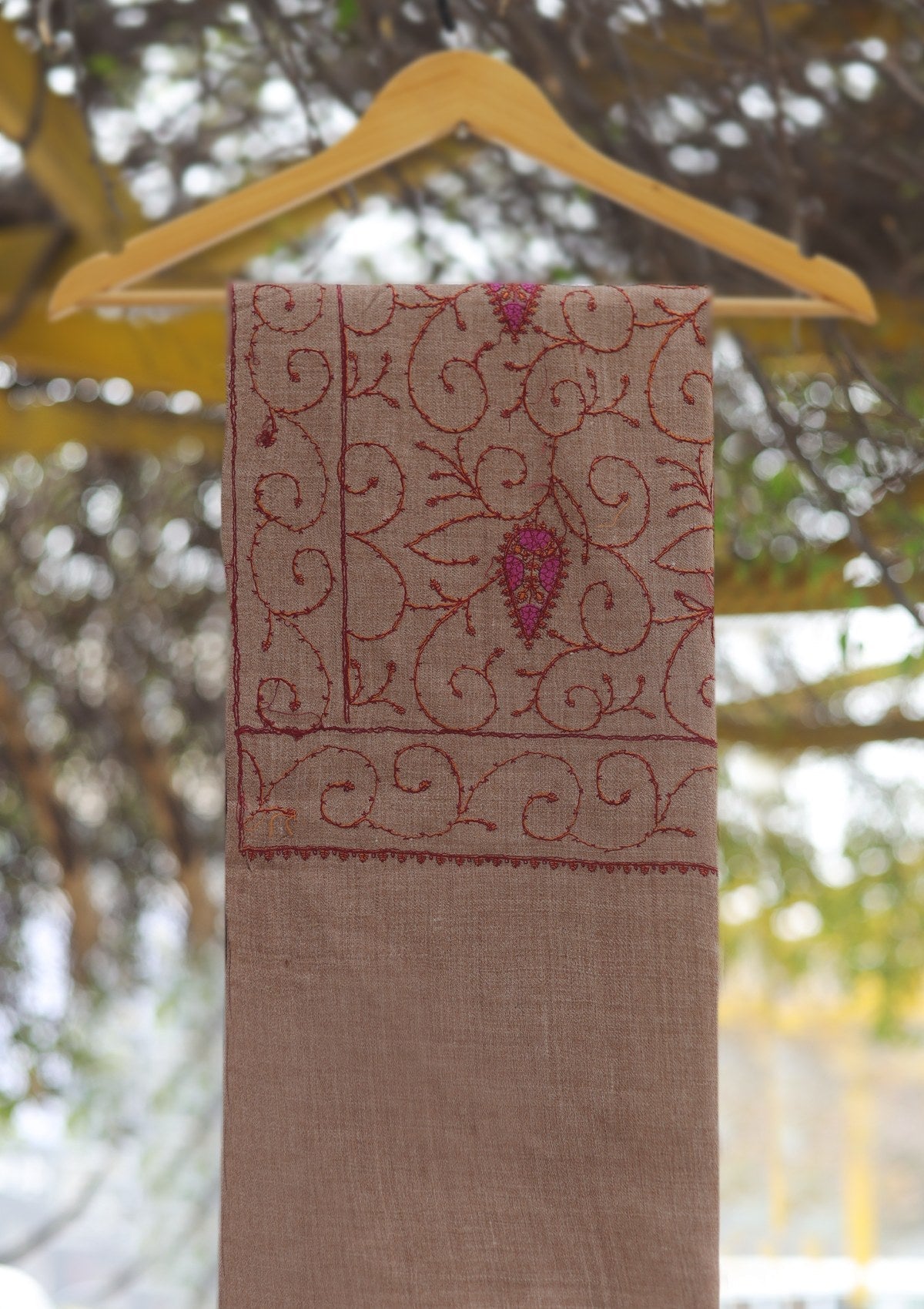 Wool Emboridered Shawl D - 05 - BROWN