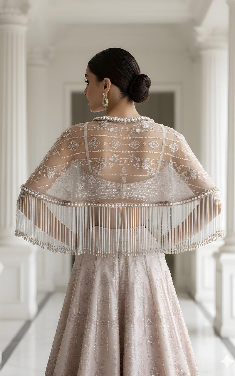 Threads and Motifs | Formal Dresses 25 | Net Embroidered Blouse With Cape And Lehenga - Official Threads and Motifs stockist in UK - Sakeena London