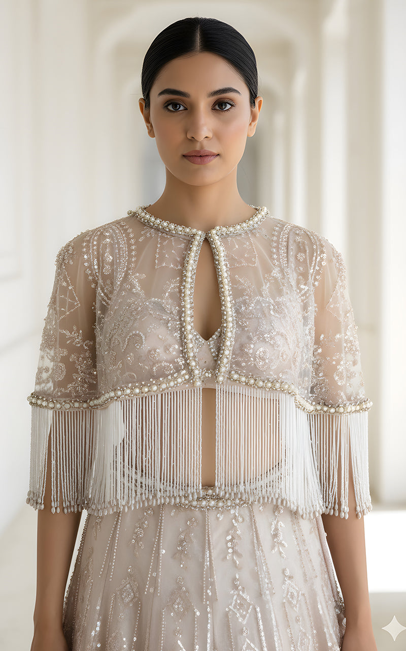 Threads and Motifs | Formal Dresses 25 | Net Embroidered Blouse With Cape And Lehenga - Official Threads and Motifs stockist in UK - Sakeena London
