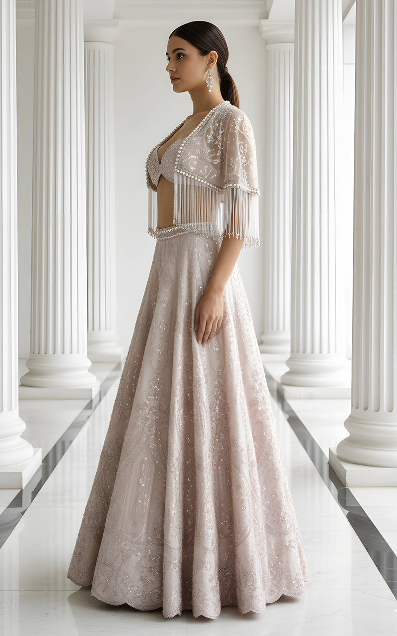 Threads and Motifs | Formal Dresses 25 | Net Embroidered Blouse With Cape And Lehenga - Official Threads and Motifs stockist in UK - Sakeena London