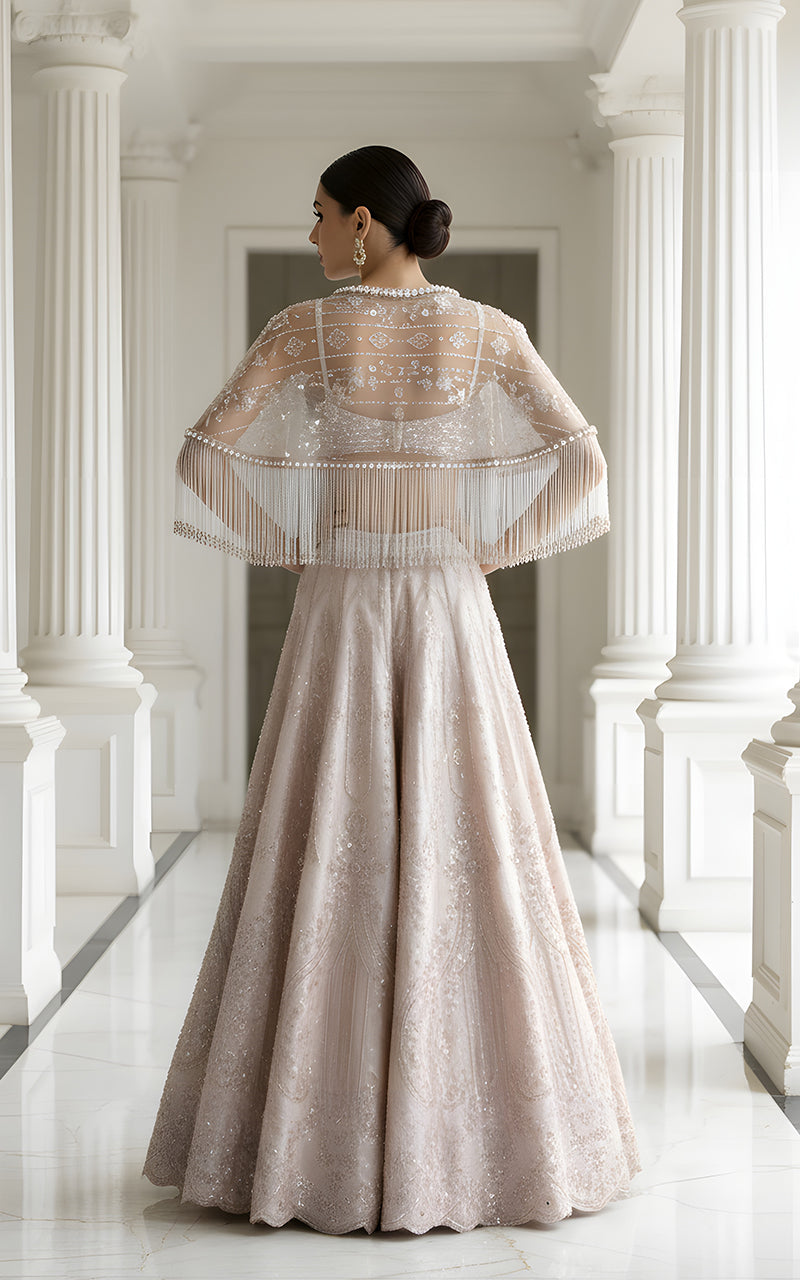 Threads and Motifs | Formal Dresses 25 | Net Embroidered Blouse With Cape And Lehenga - Official Threads and Motifs stockist in UK - Sakeena London