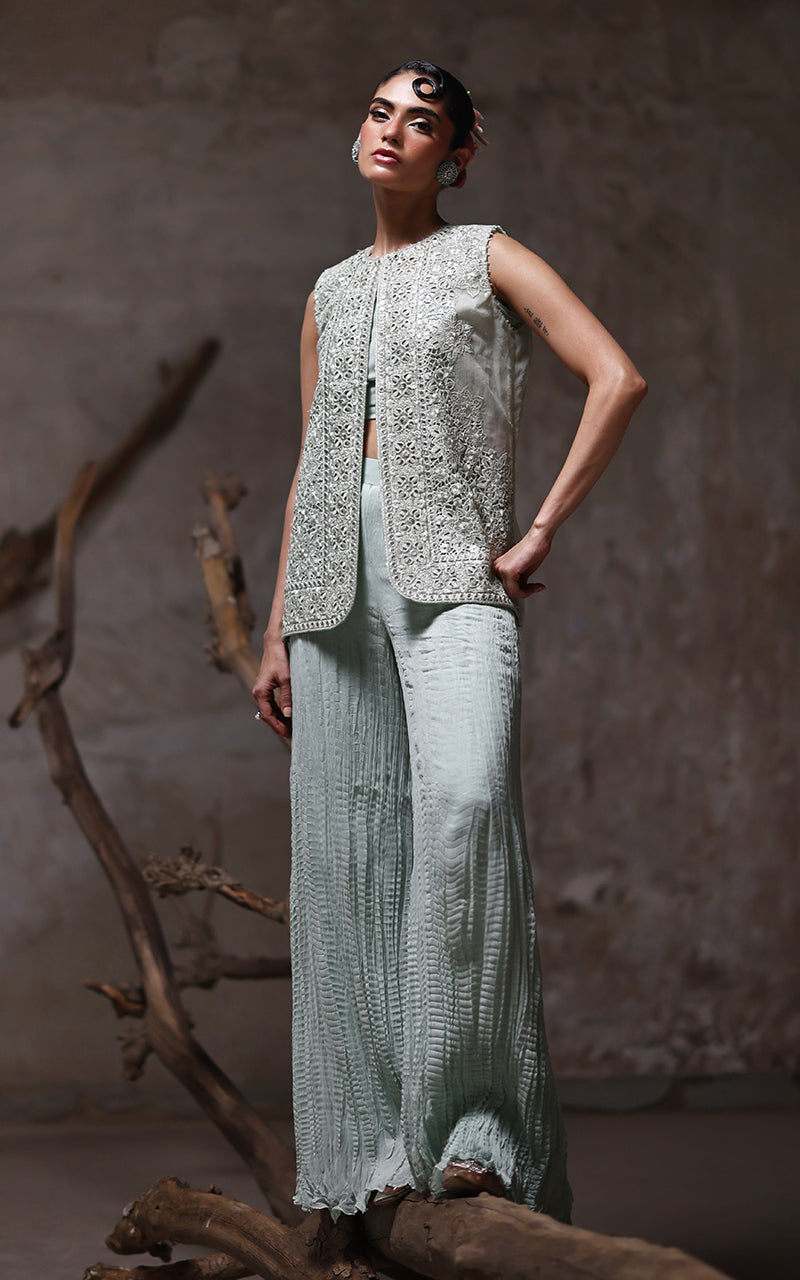 Threads and Motifs | Formal Dresses 25 | Organza Embroidered Jacket With Crushed Trouser - Official Threads and Motifs stockist in UK - Sakeena London