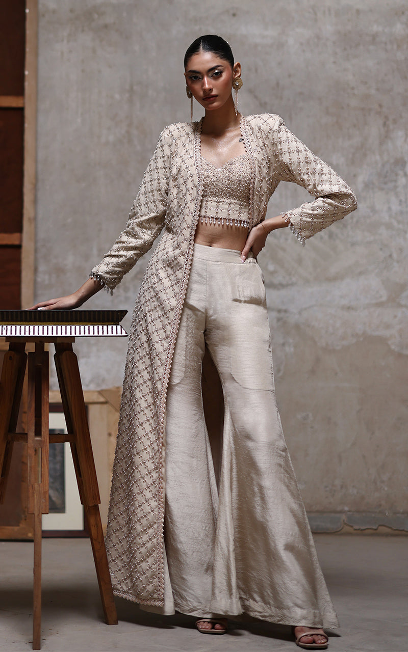 Threads and Motifs | Formal Dresses 25 | Net Embroidered Jacket With Embroidered Blouse And Trouser - Official Threads and Motifs stockist in UK - Sakeena London