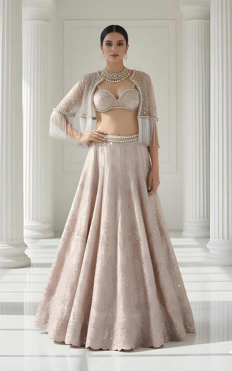Threads and Motifs | Formal Dresses 25 | Net Embroidered Blouse With Cape And Lehenga - Official Threads and Motifs stockist in UK - Sakeena London