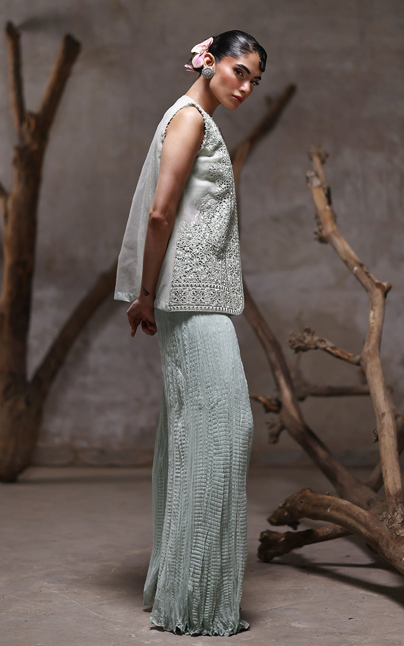 Threads and Motifs | Formal Dresses 25 | Organza Embroidered Jacket With Crushed Trouser - Official Threads and Motifs stockist in UK - Sakeena London