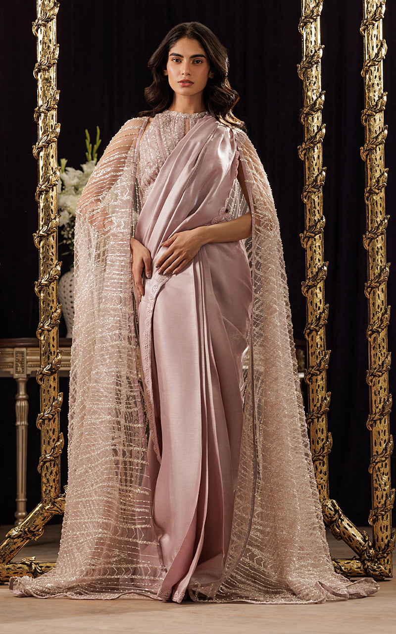 Threads and Motifs | Formal Dresses 25 | Net Embroidered Cape With Blouse And Skirt Saree - Official Threads and Motifs stockist in UK - Sakeena London
