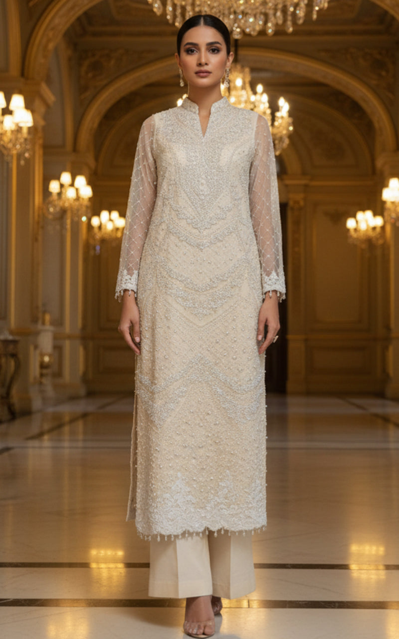 Threads and Motifs | Formal Dresses 25 | Net Embroidered Shirt With Trouser - Official Threads and Motifs stockist in UK - Sakeena London