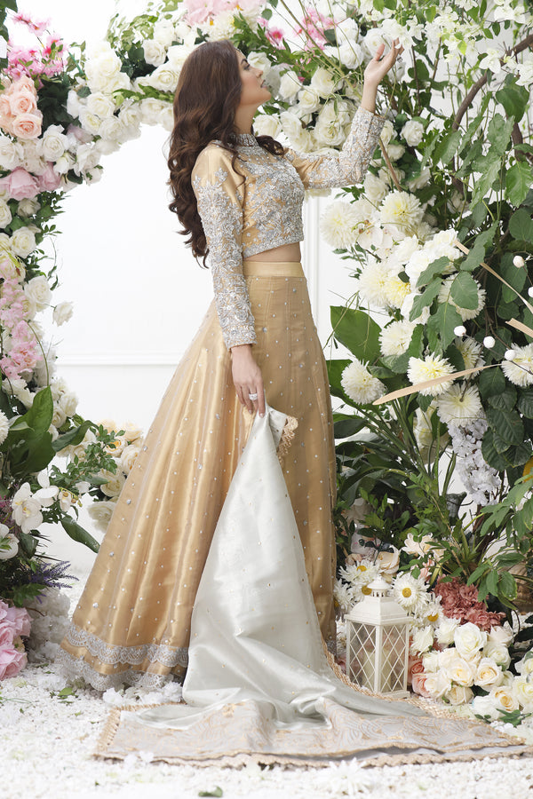 Wahajmkhan | Eden wedding Formals | ANTIQUE GOLD LENGA & CHOLI - Official Wahaj M.Khan stockist in UK - Sakeena London