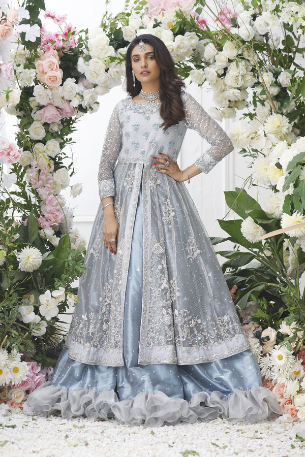 Wahajmkhan | Eden wedding Formals | ICE BLUE ANARKALI WITH FRILL LENGA - Official Wahaj M.Khan stockist in UK - Sakeena London