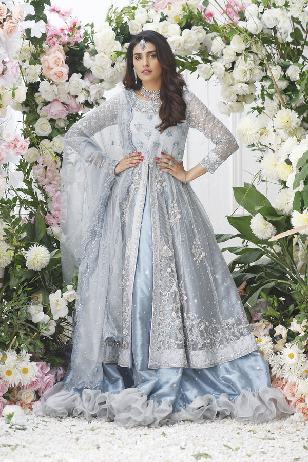 Wahajmkhan | Eden wedding Formals | ICE BLUE ANARKALI WITH FRILL LENGA - Official Wahaj M.Khan stockist in UK - Sakeena London