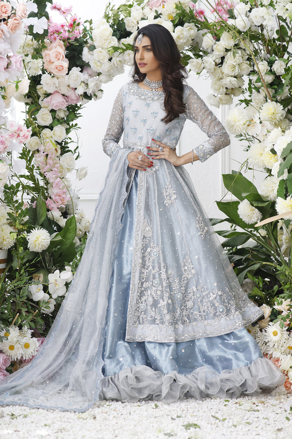 Wahajmkhan | Eden wedding Formals | ICE BLUE ANARKALI WITH FRILL LENGA - Official Wahaj M.Khan stockist in UK - Sakeena London