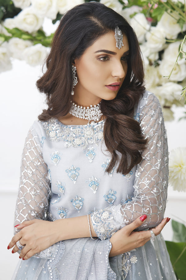 Wahajmkhan | Eden wedding Formals | ICE BLUE ANARKALI WITH FRILL LENGA - Official Wahaj M.Khan stockist in UK - Sakeena London