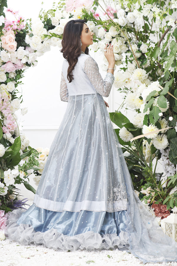 Wahajmkhan | Eden wedding Formals | ICE BLUE ANARKALI WITH FRILL LENGA - Official Wahaj M.Khan stockist in UK - Sakeena London
