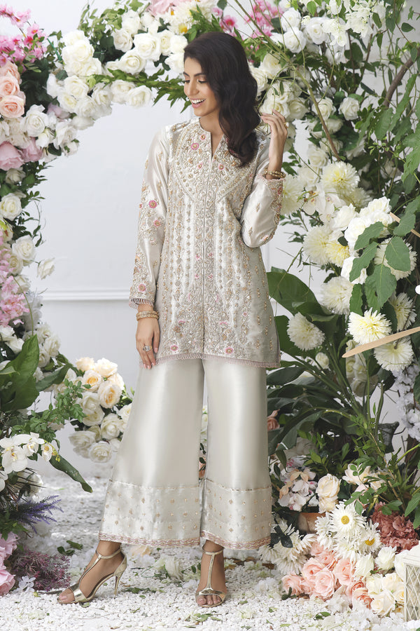 Wahajmkhan | Eden wedding Formals | SILVER SHORT JACKET - Official Wahaj M.Khan stockist in UK - Sakeena London