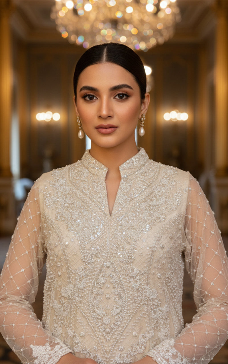 Threads and Motifs | Formal Dresses 25 | Net Embroidered Shirt With Trouser - Official Threads and Motifs stockist in UK - Sakeena London