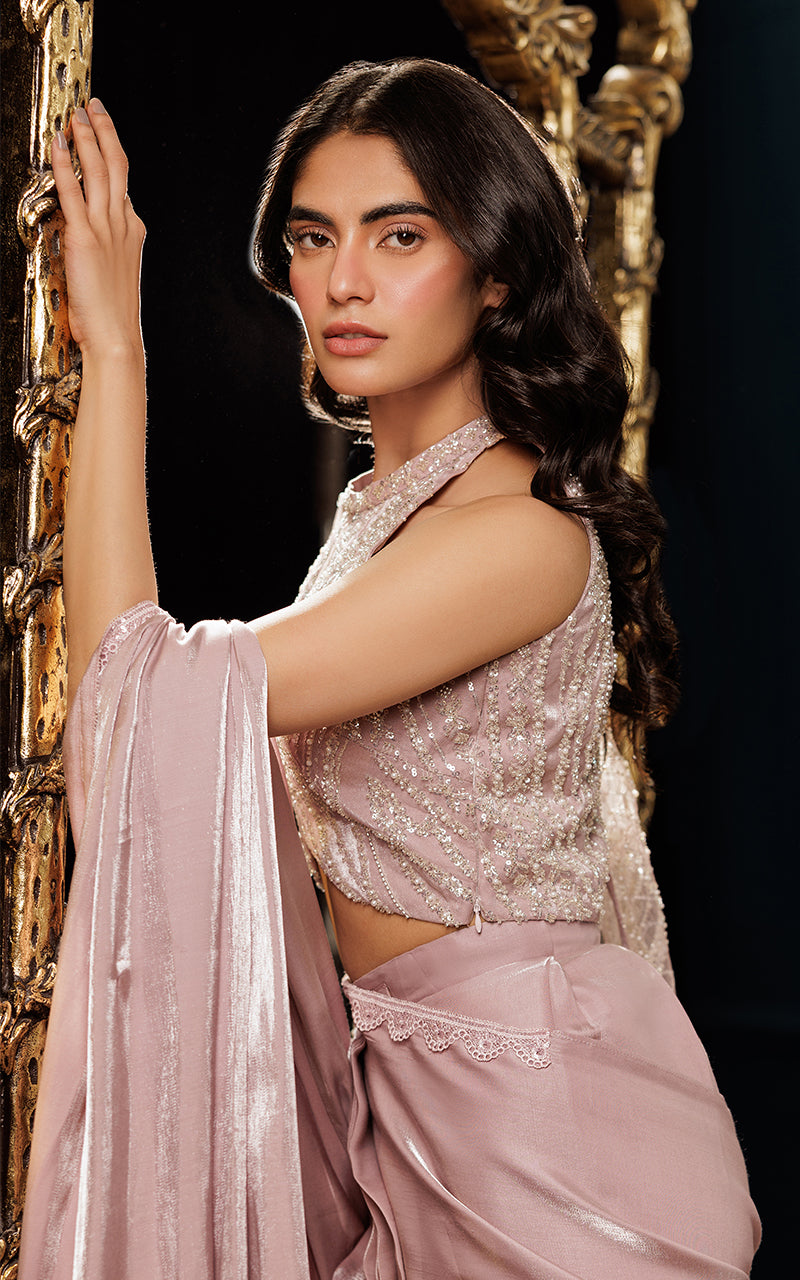 Threads and Motifs | Formal Dresses 25 | Net Embroidered Cape With Blouse And Skirt Saree - Official Threads and Motifs stockist in UK - Sakeena London