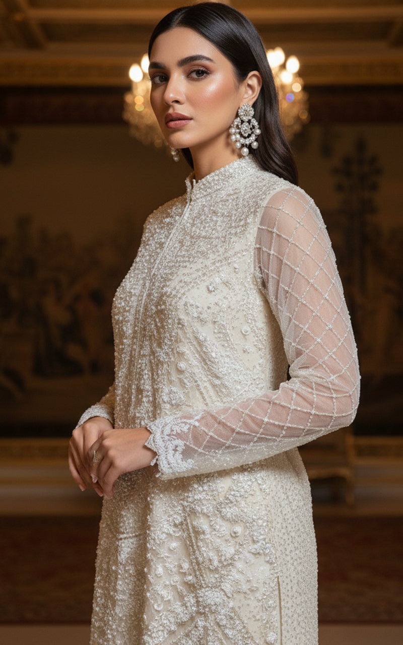 Threads and Motifs | Formal Dresses 25 | Net Embroidered Shirt With Trouser - Official Threads and Motifs stockist in UK - Sakeena London