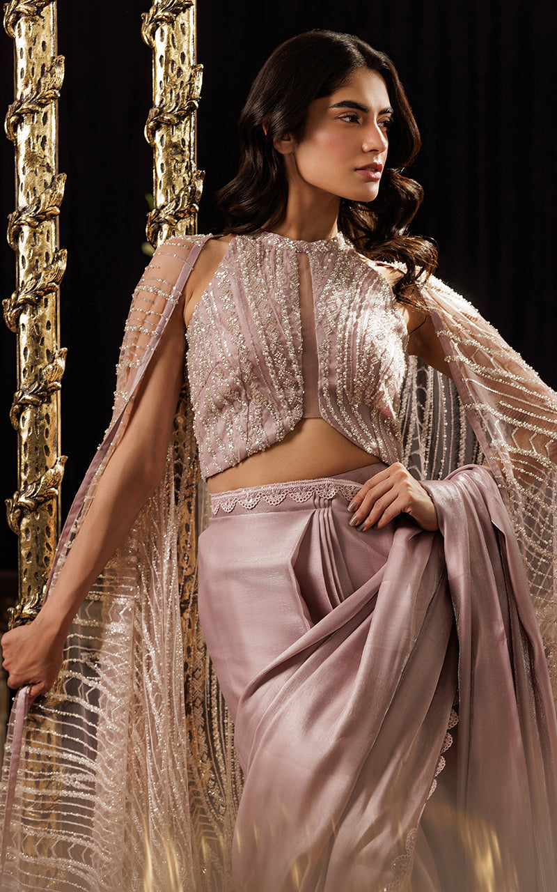 Threads and Motifs | Formal Dresses 25 | Net Embroidered Cape With Blouse And Skirt Saree - Official Threads and Motifs stockist in UK - Sakeena London