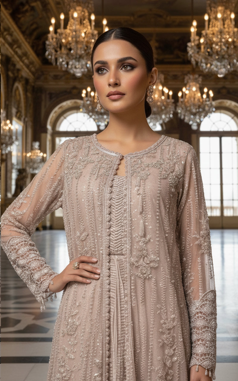 Threads and Motifs | Formal Dresses 25 | Net Embroidered Jacket With Crushed Maxi - Official Threads and Motifs stockist in UK - Sakeena London