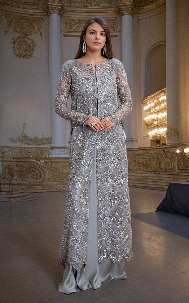 Threads and Motifs | Formal Dresses 25 | Net Embroidered Jacket with Skirt - Official Threads and Motifs stockist in UK - Sakeena London
