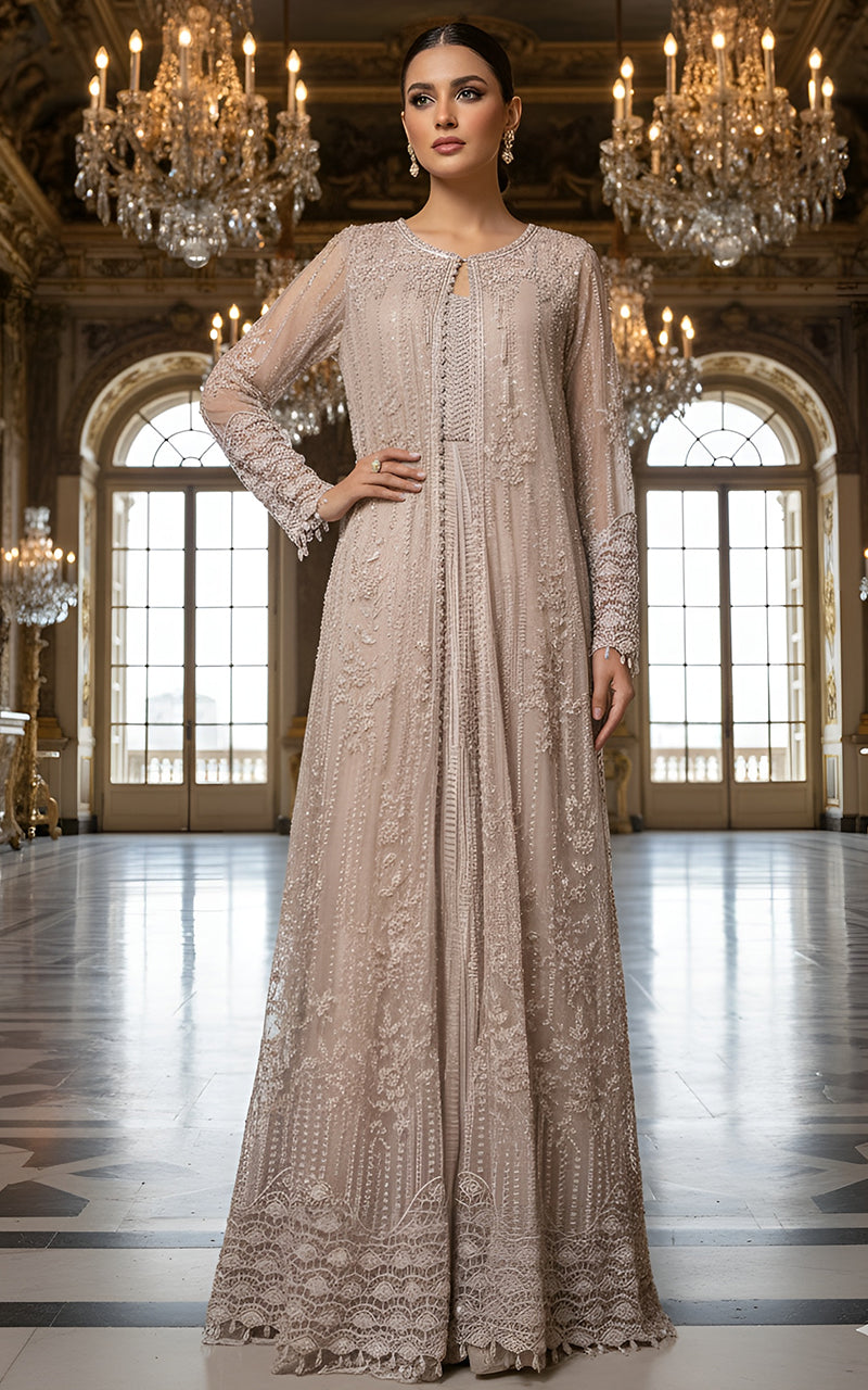 Threads and Motifs | Formal Dresses 25 | Net Embroidered Jacket With Crushed Maxi - Official Threads and Motifs stockist in UK - Sakeena London