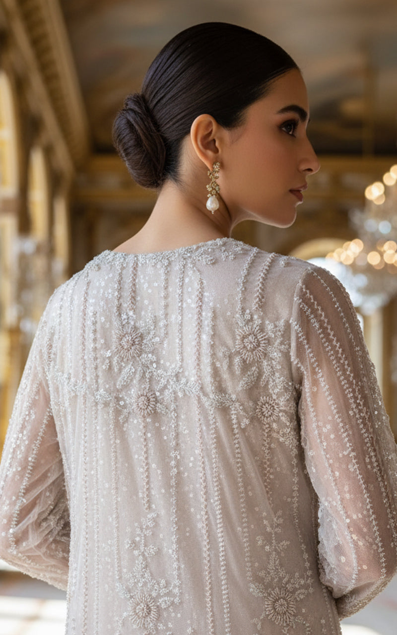 Threads and Motifs | Formal Dresses 25 | Net Embroidered Jacket With Crushed Maxi - Official Threads and Motifs stockist in UK - Sakeena London