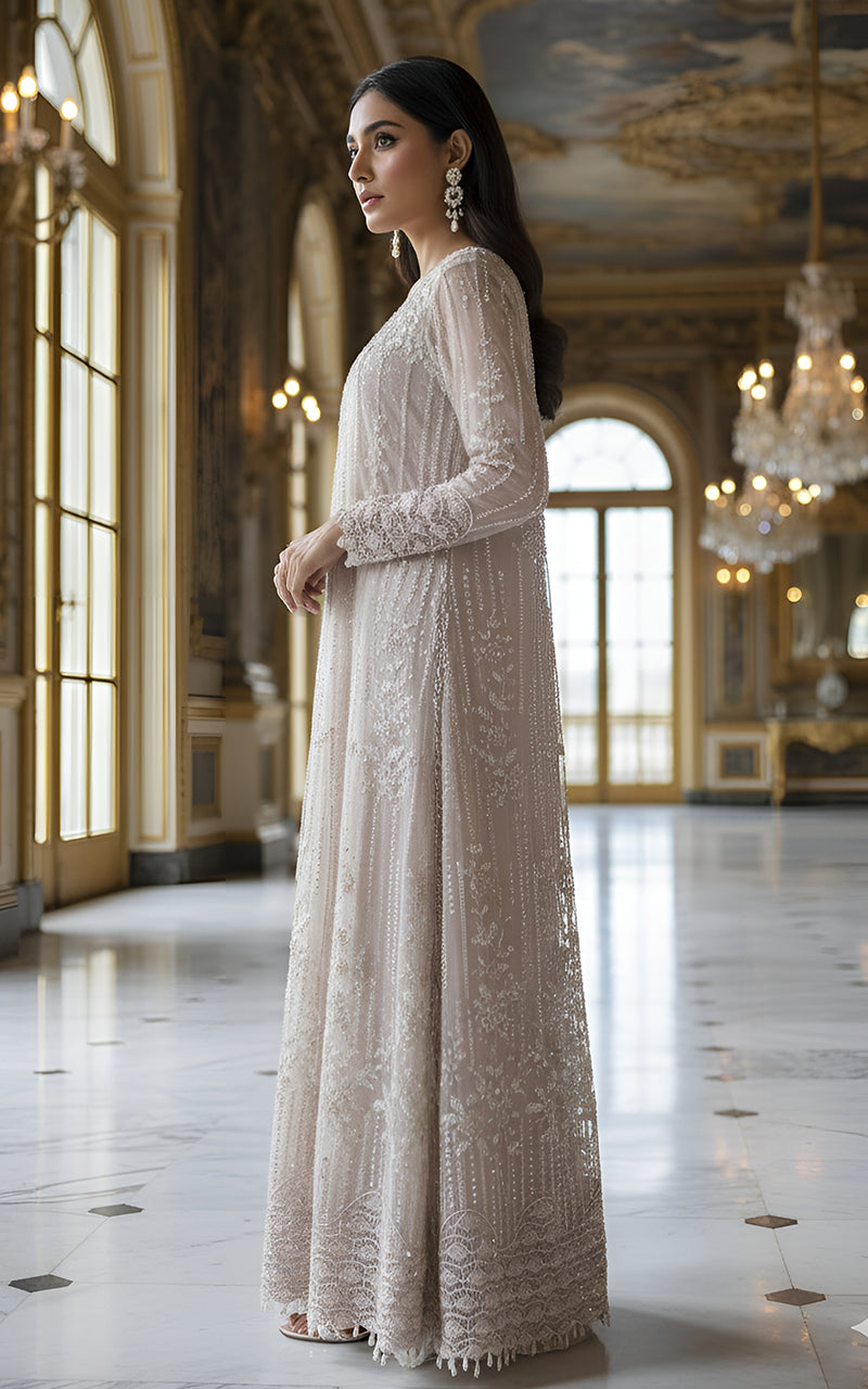 Threads and Motifs | Formal Dresses 25 | Net Embroidered Jacket With Crushed Maxi - Official Threads and Motifs stockist in UK - Sakeena London