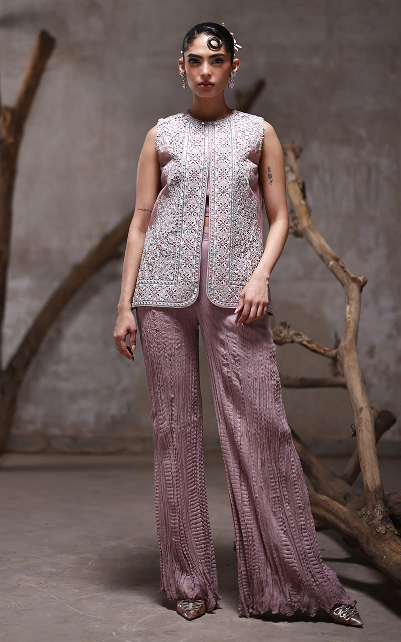 Threads and Motifs | Formal Dresses 25 | Organza Embroidered Jacket With Crushed Trouser - Official Threads and Motifs stockist in UK - Sakeena London
