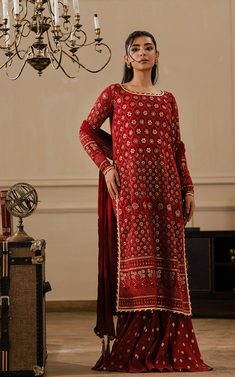 Threads and Motifs | Formal Dresses 25 | Embroidered Shirt With Gharara And Dupatta - Official Threads and Motifs stockist in UK - Sakeena London
