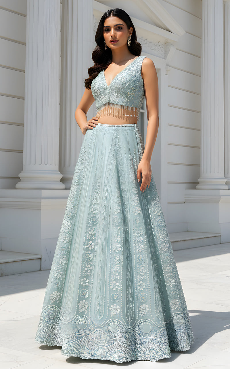 Threads and Motifs | Formal Dresses 25 | Net Embroidered Blouse With Cape And Lehenga - Official Threads and Motifs stockist in UK - Sakeena London