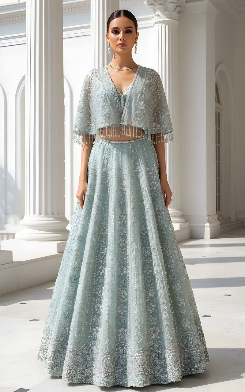 Threads and Motifs | Formal Dresses 25 | Net Embroidered Blouse With Cape And Lehenga - Official Threads and Motifs stockist in UK - Sakeena London