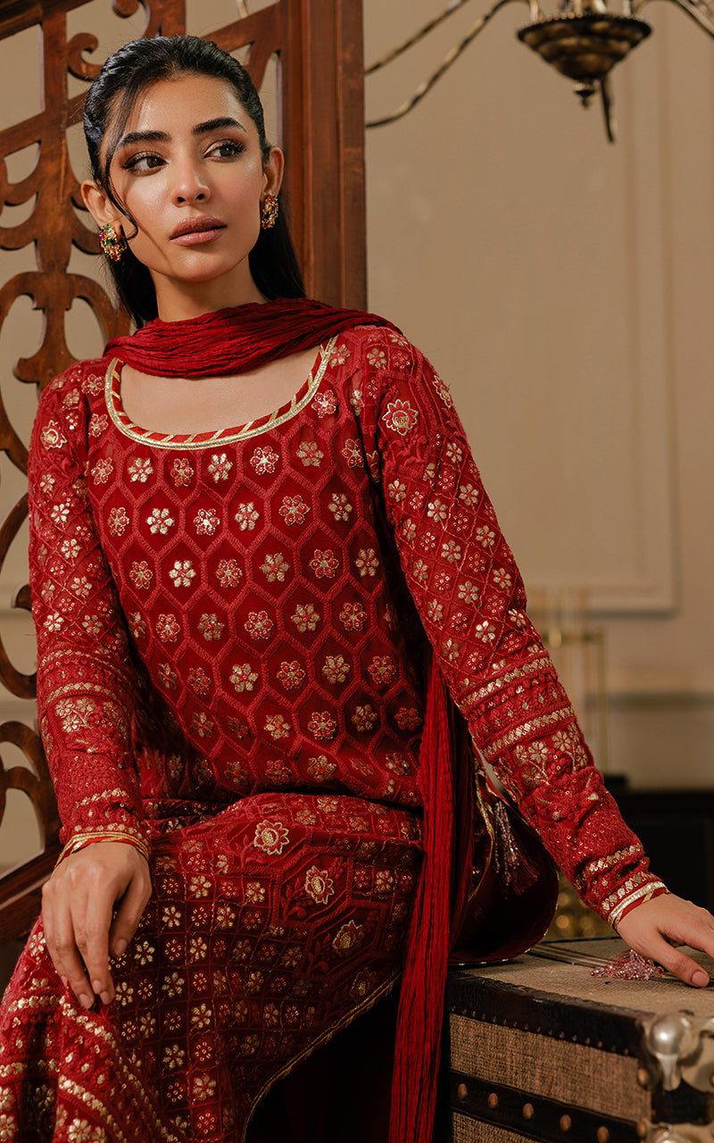 Threads and Motifs | Formal Dresses 25 | Embroidered Shirt With Gharara And Dupatta - Official Threads and Motifs stockist in UK - Sakeena London