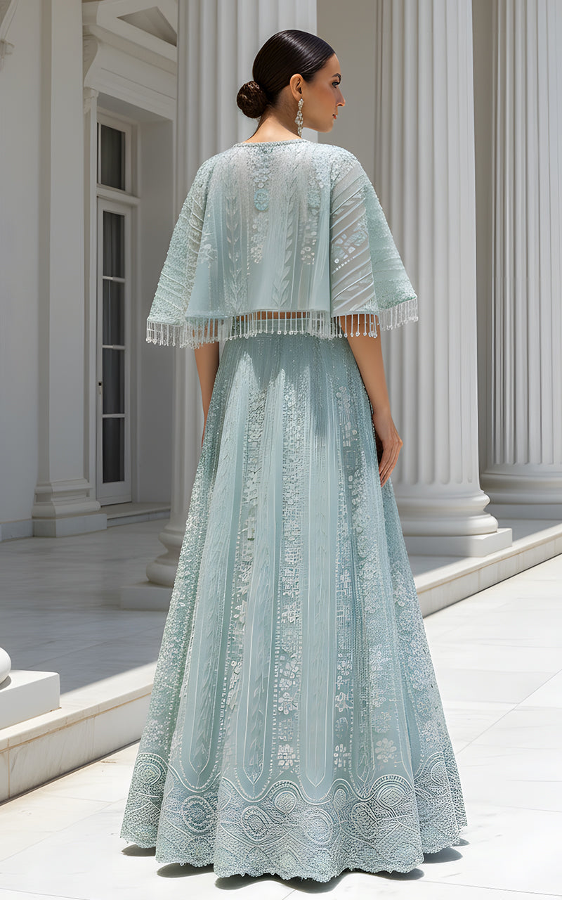 Threads and Motifs | Formal Dresses 25 | Net Embroidered Blouse With Cape And Lehenga - Official Threads and Motifs stockist in UK - Sakeena London