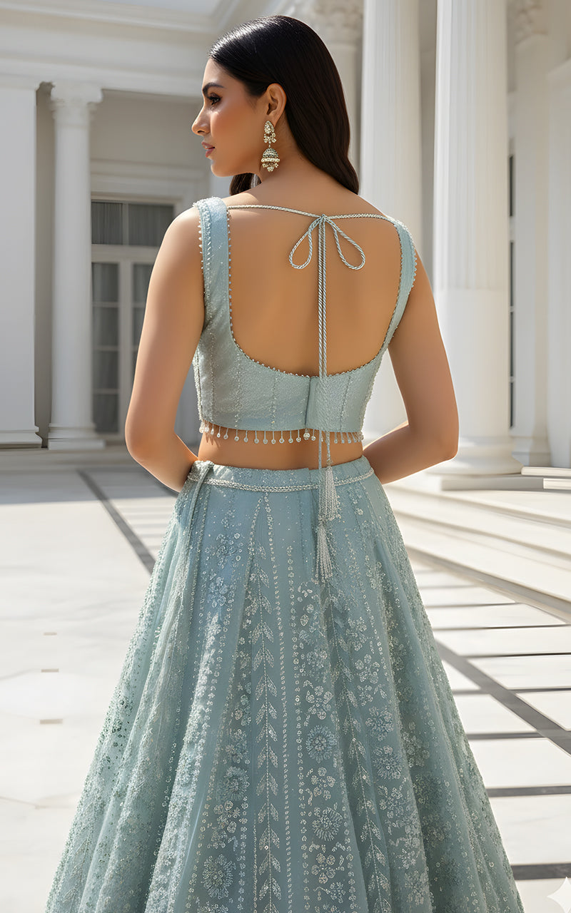 Threads and Motifs | Formal Dresses 25 | Net Embroidered Blouse With Cape And Lehenga - Official Threads and Motifs stockist in UK - Sakeena London