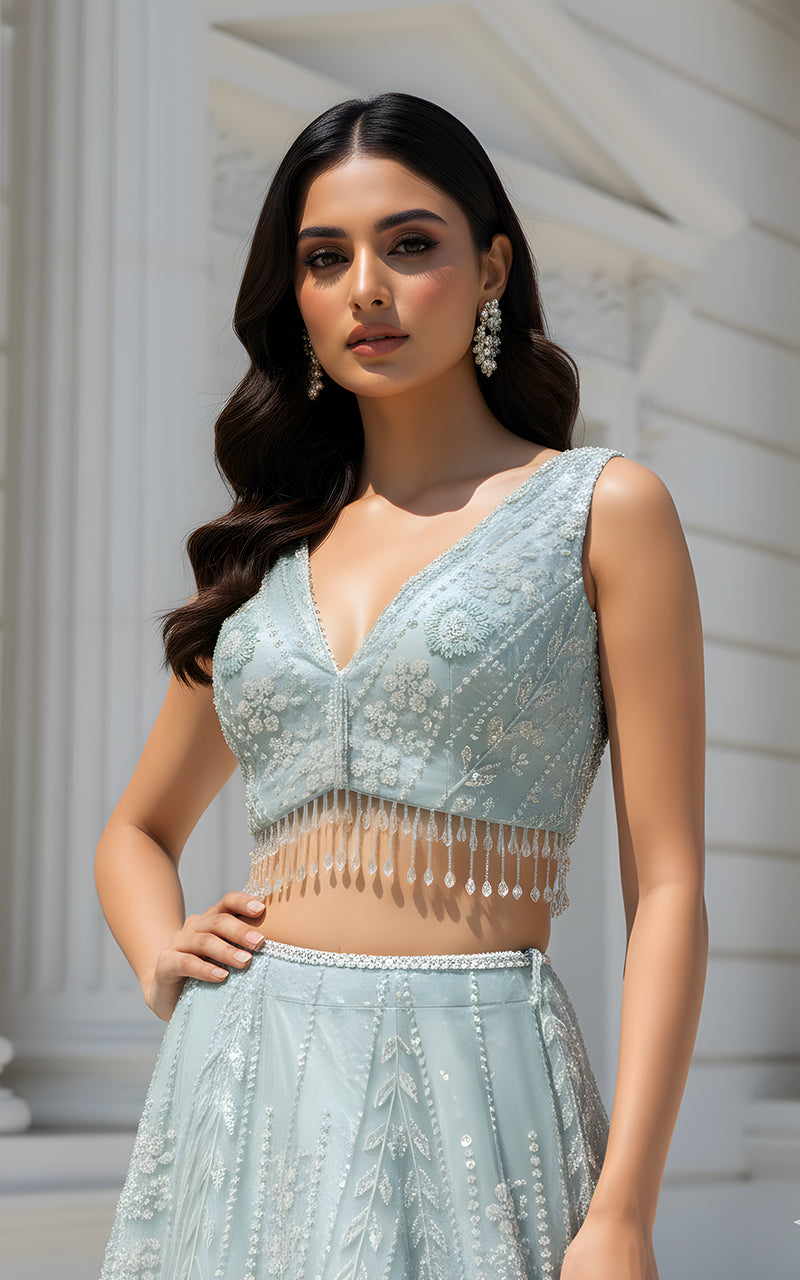 Threads and Motifs | Formal Dresses 25 | Net Embroidered Blouse With Cape And Lehenga - Official Threads and Motifs stockist in UK - Sakeena London