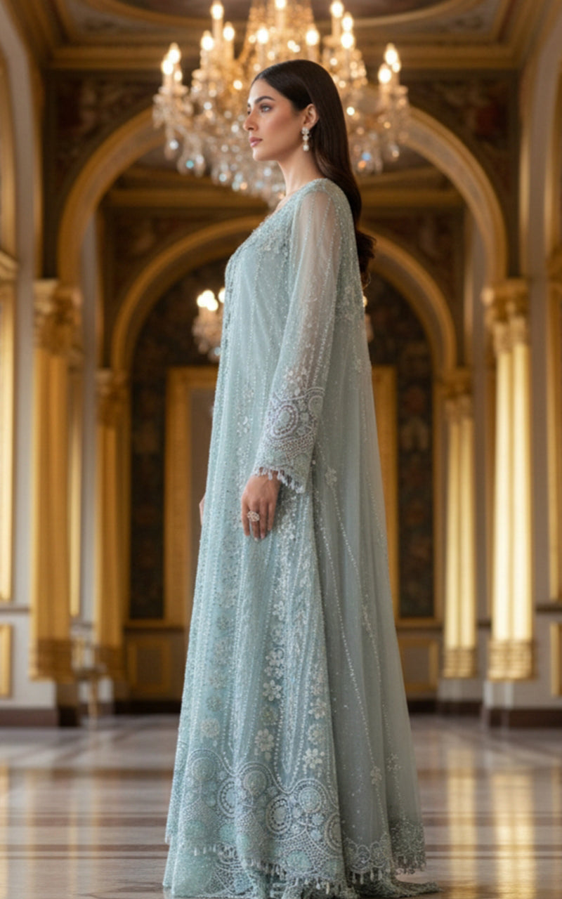 Threads and Motifs | Formal Dresses 25 | Net Embroidered Jacket With Blouse And Lehenga - Official Threads and Motifs stockist in UK - Sakeena London