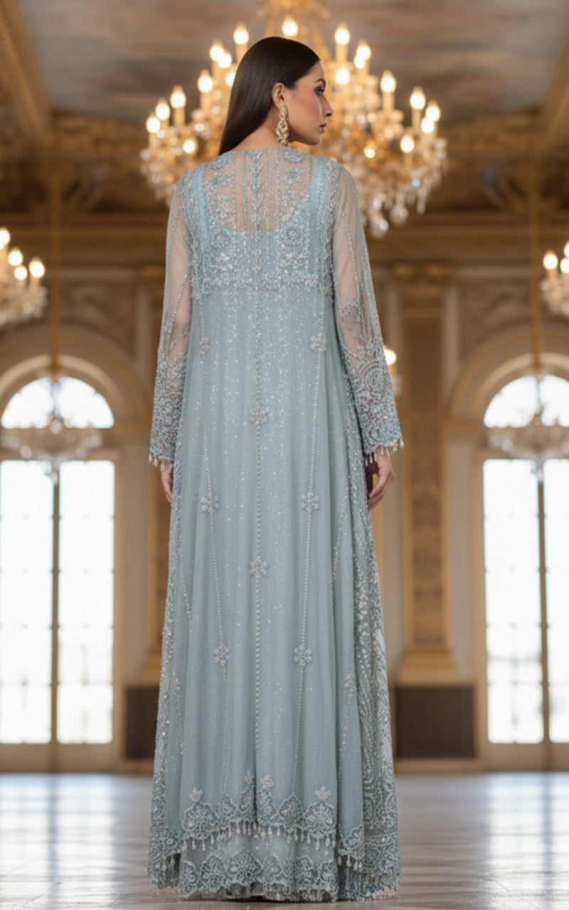 Threads and Motifs | Formal Dresses 25 | Net Embroidered Jacket With Blouse And Lehenga - Official Threads and Motifs stockist in UK - Sakeena London