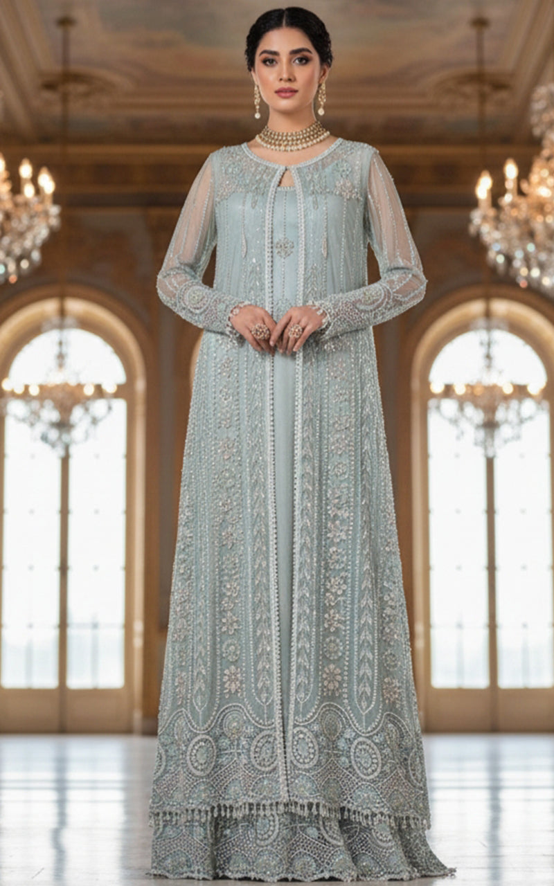 Threads and Motifs | Formal Dresses 25 | Net Embroidered Jacket With Blouse And Lehenga - Official Threads and Motifs stockist in UK - Sakeena London