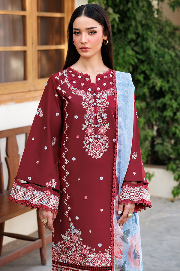 Farasha | Summer Weaves Embroidered Lawn | Crimson Glow - Official Farasha stockist in UK - Sakeena London