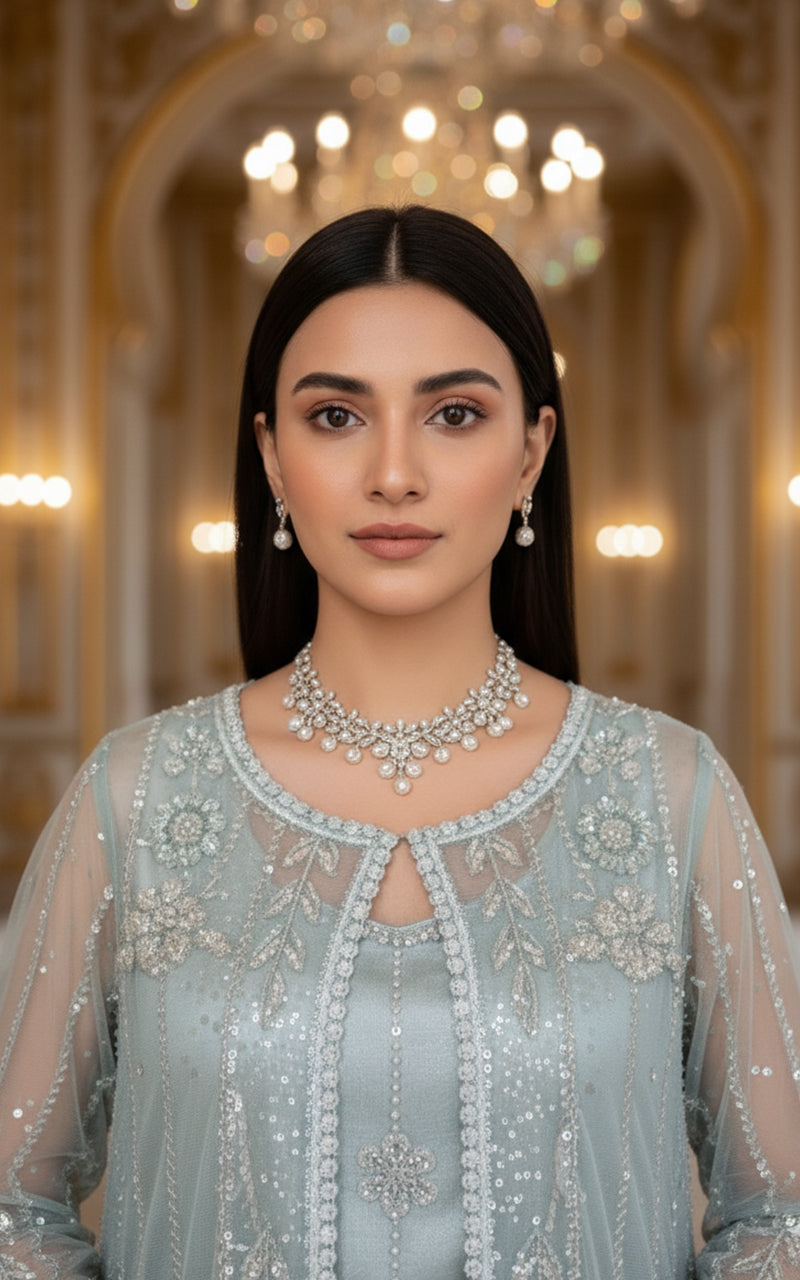 Threads and Motifs | Formal Dresses 25 | Net Embroidered Jacket With Blouse And Lehenga - Official Threads and Motifs stockist in UK - Sakeena London