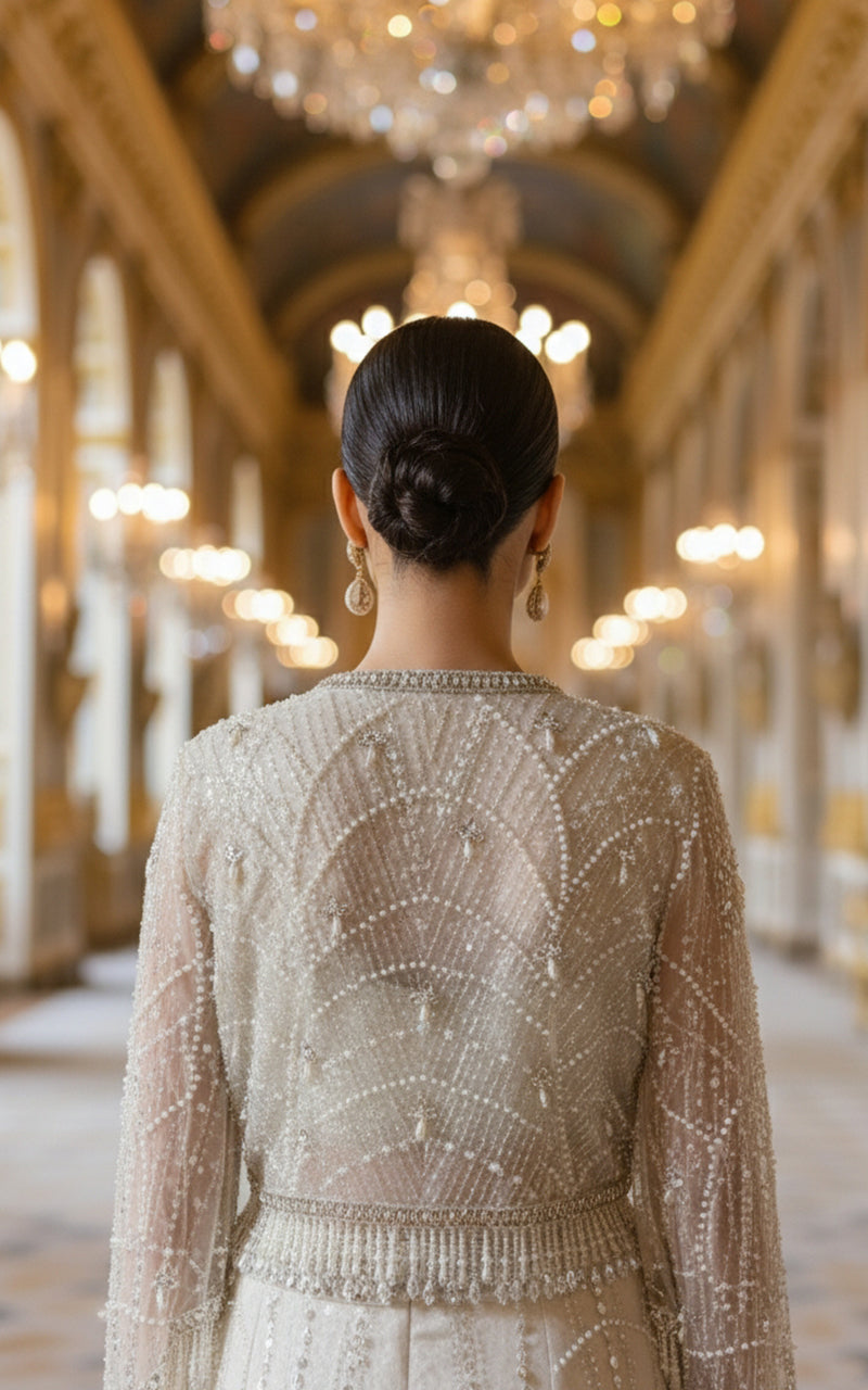 Threads and Motifs | Formal Dresses 25 | Net Embroidered Blouse With Cape And Skirt - Official Threads and Motifs stockist in UK - Sakeena London