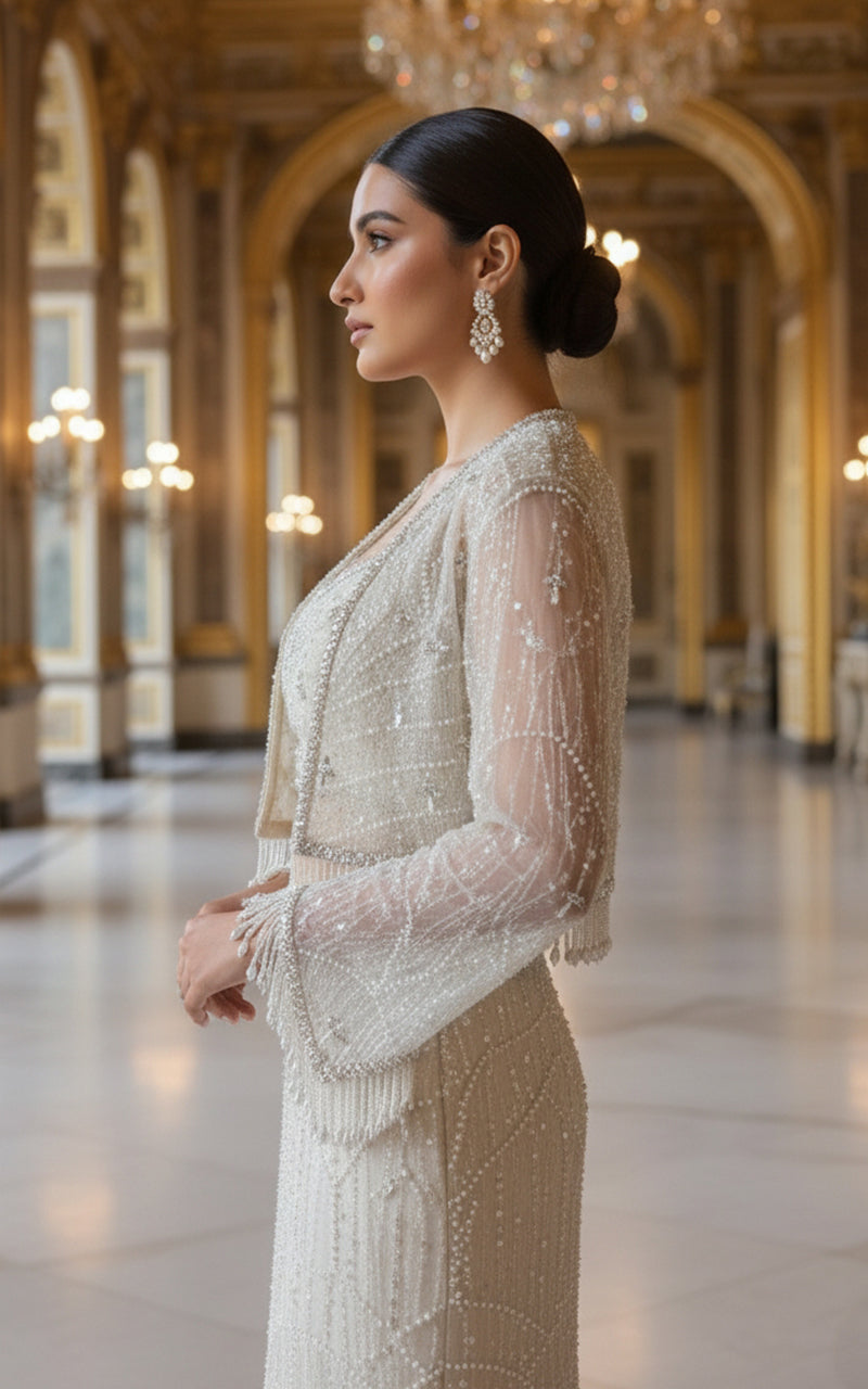 Threads and Motifs | Formal Dresses 25 | Net Embroidered Blouse With Cape And Skirt - Official Threads and Motifs stockist in UK - Sakeena London