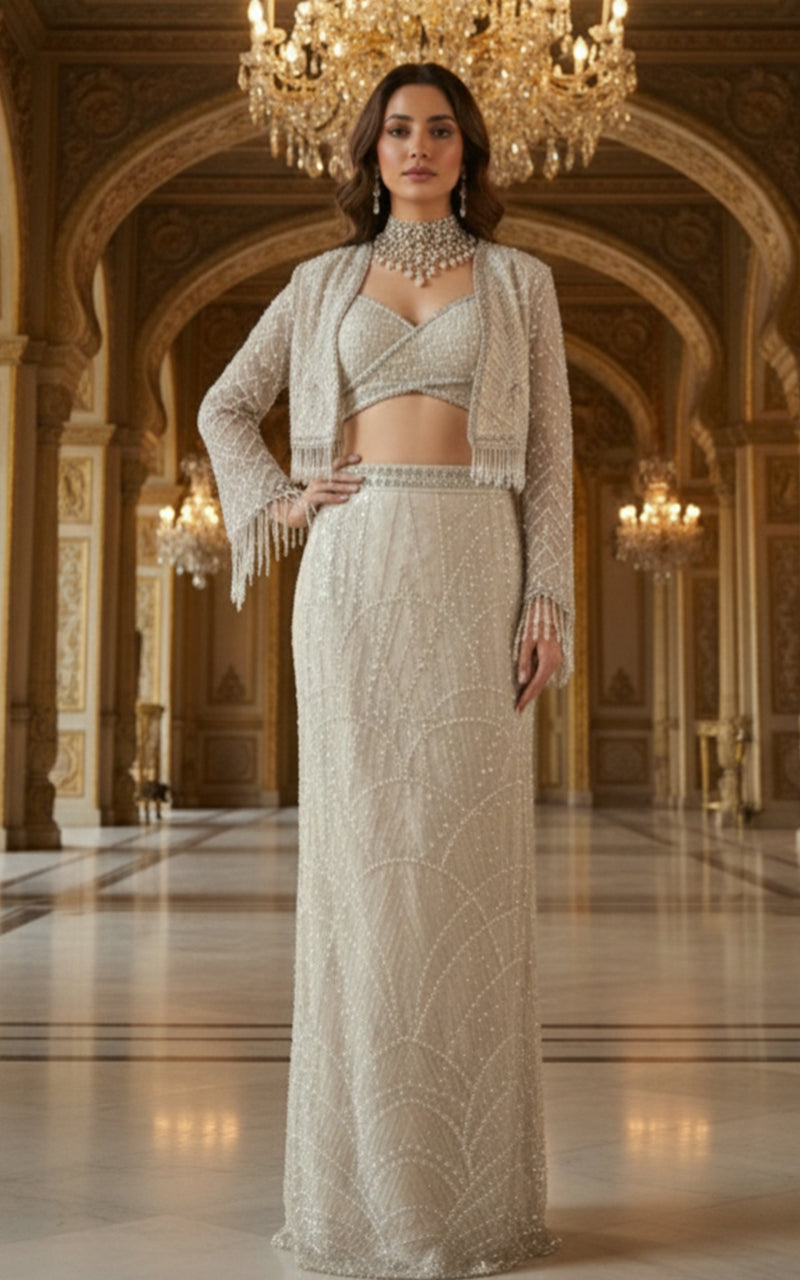 Threads and Motifs | Formal Dresses 25 | Net Embroidered Blouse With Cape And Skirt - Official Threads and Motifs stockist in UK - Sakeena London