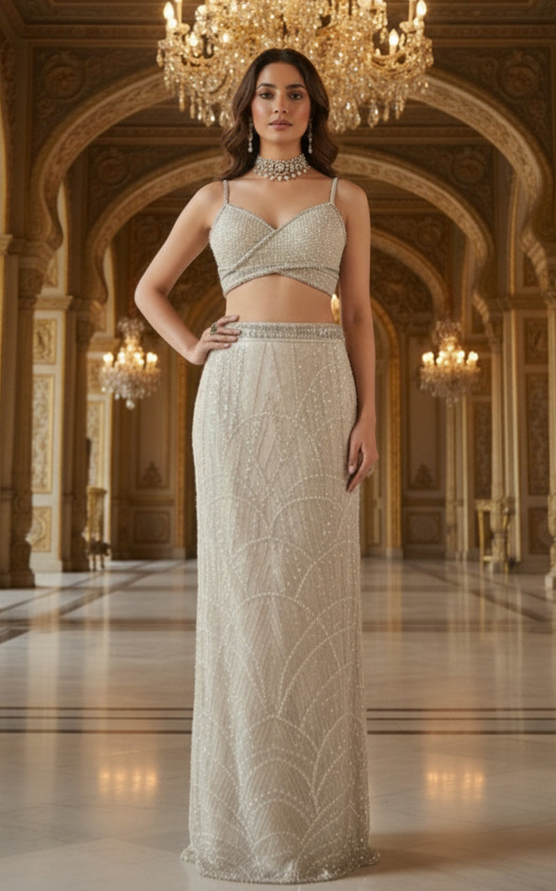 Threads and Motifs | Formal Dresses 25 | Net Embroidered Blouse With Cape And Skirt - Official Threads and Motifs stockist in UK - Sakeena London