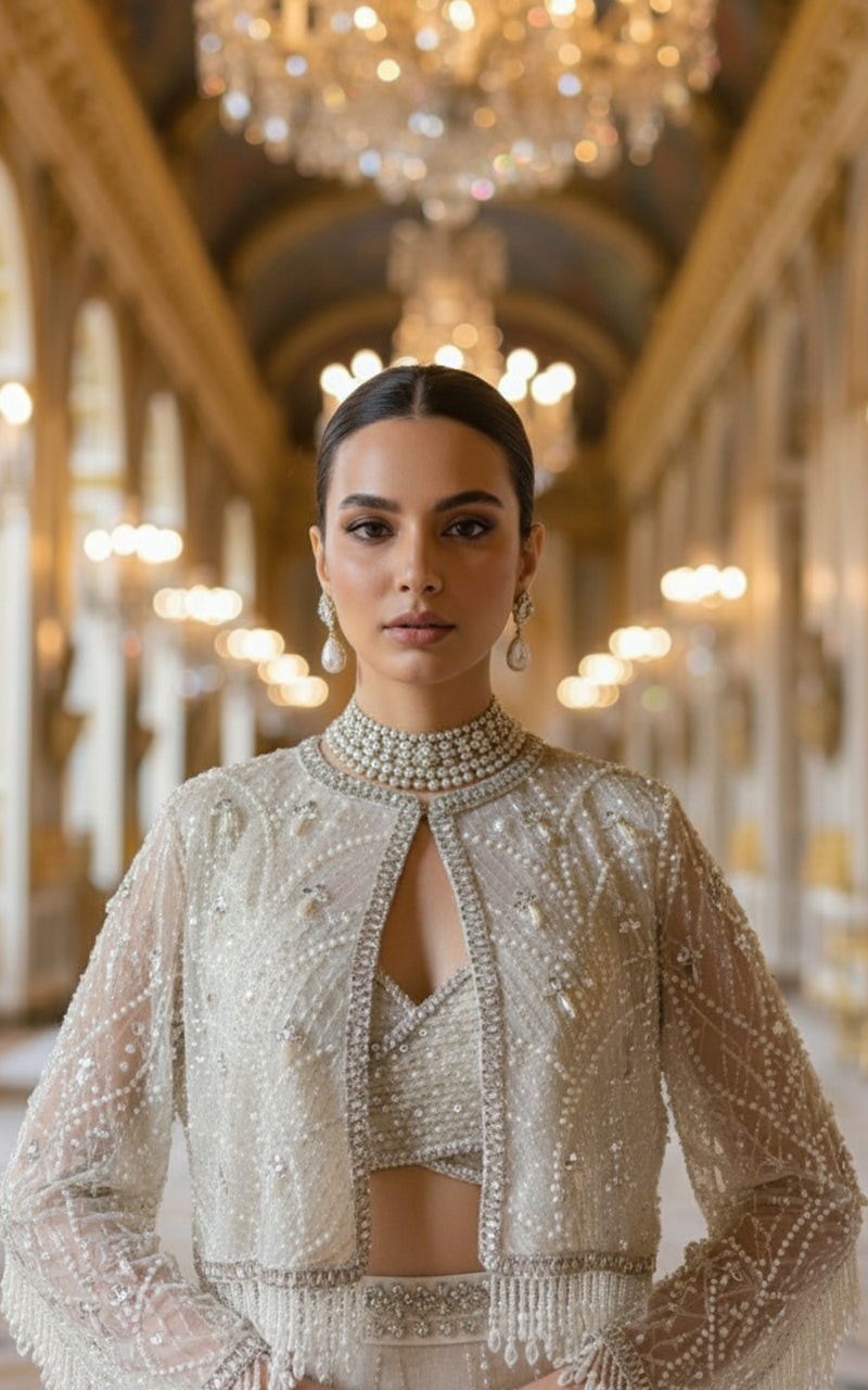 Threads and Motifs | Formal Dresses 25 | Net Embroidered Blouse With Cape And Skirt - Official Threads and Motifs stockist in UK - Sakeena London