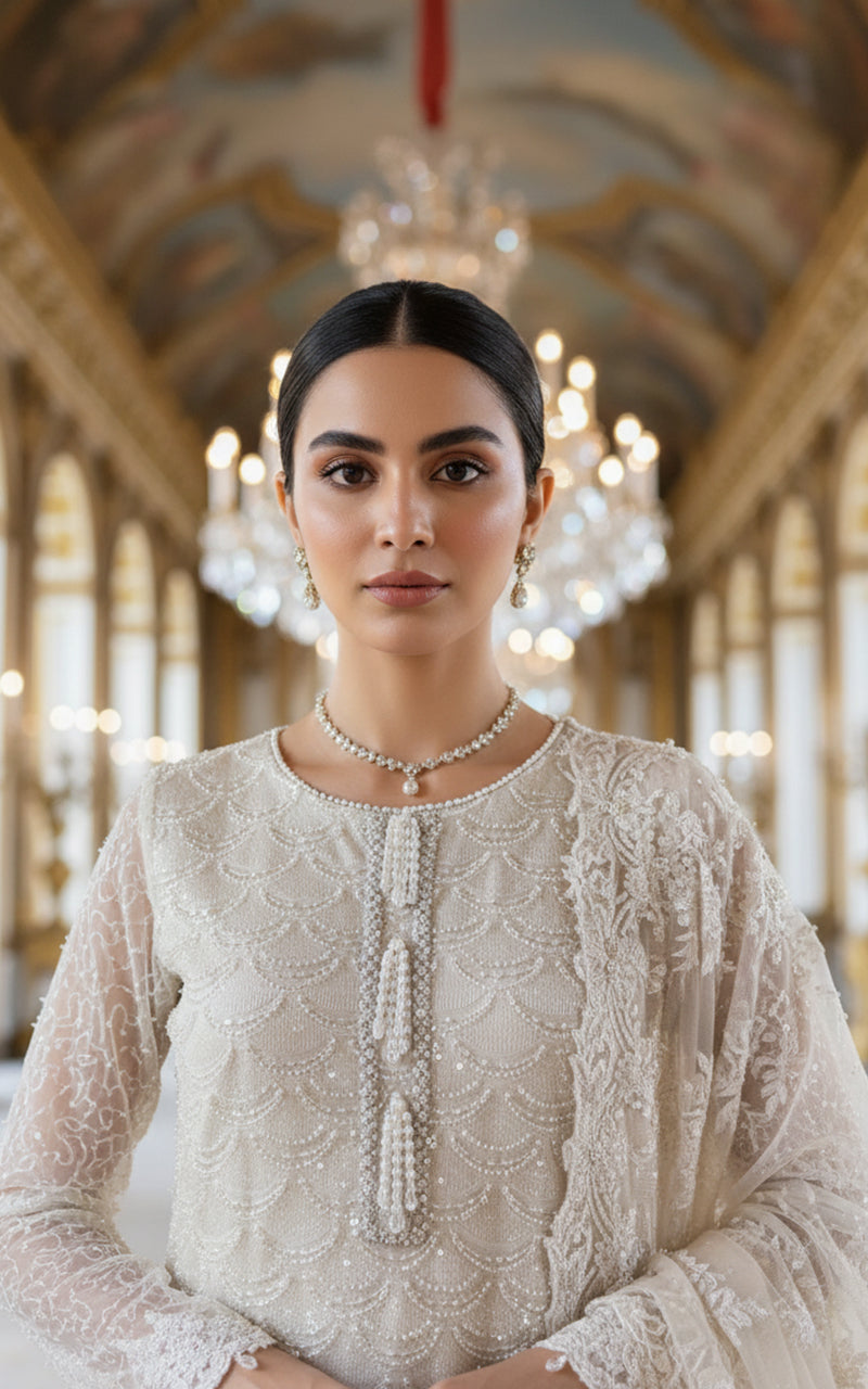 Threads and Motifs | Formal Dresses 25 | Net Embroidered Shirt With Gharara And Dupatta - Official Threads and Motifs stockist in UK - Sakeena London