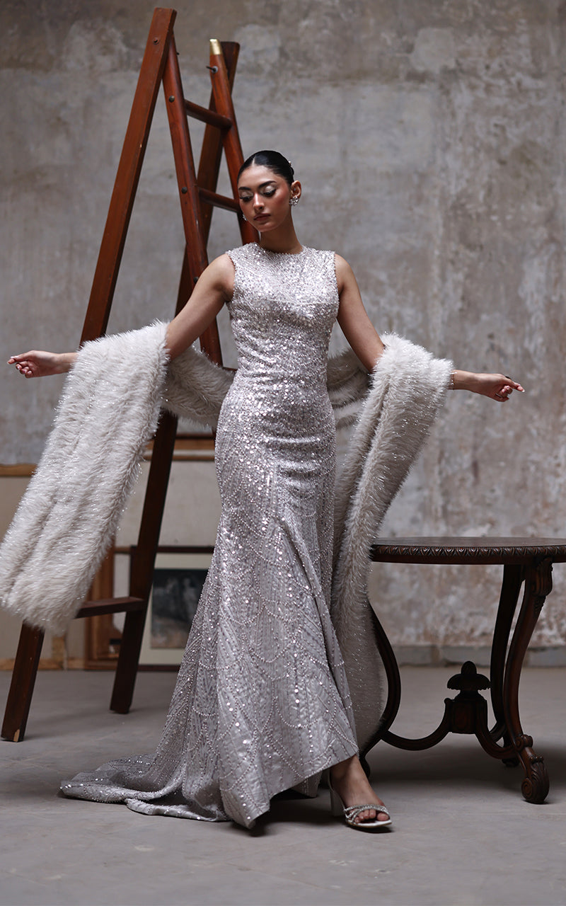 Threads and Motifs | Formal Dresses 25 | Net Embroidered Dress - Official Threads and Motifs stockist in UK - Sakeena London
