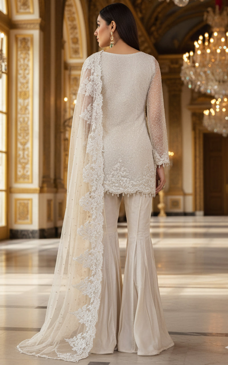 Threads and Motifs | Formal Dresses 25 | Net Embroidered Shirt With Gharara And Dupatta - Official Threads and Motifs stockist in UK - Sakeena London
