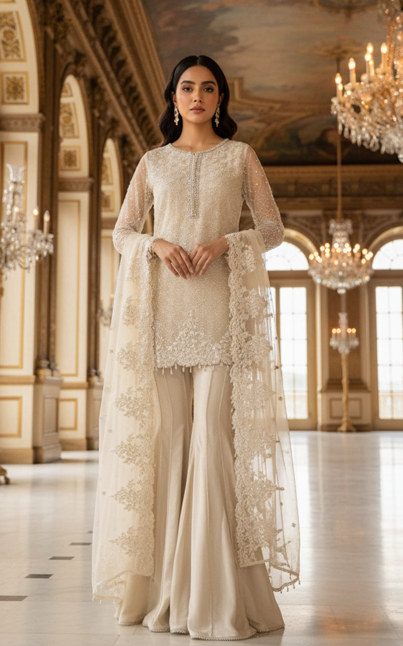 Threads and Motifs | Formal Dresses 25 | Net Embroidered Shirt With Gharara And Dupatta - Official Threads and Motifs stockist in UK - Sakeena London